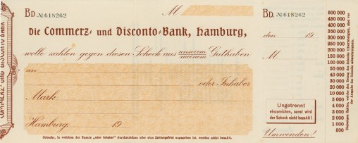 Scheckvordruck der Commerzbank, um 1910