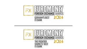 The figure shows two Euromoney Foreign Exchange Awards 2024 - Germany´s Best FX Bank and The Frontier Markets´ Best FX Bank