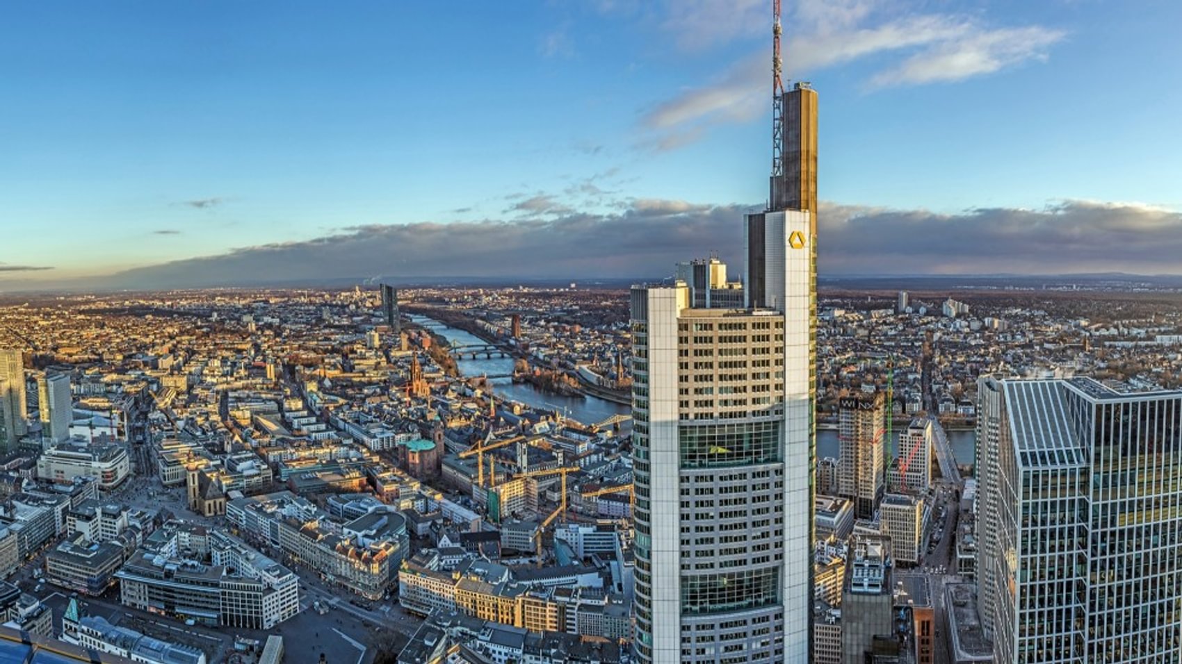 Panorama Frankfurt skyline, in the foreground watch the Commerzbank Tower