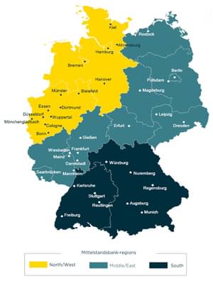 Die Abbildung zeigt die Mittelstandsbank Standorte innerhalb Deutschland