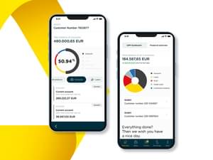 The figure shows the two application pages of the Corporate Banking app on a mobile phone