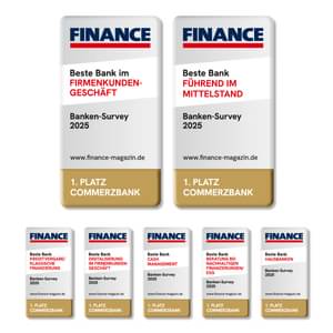Awards der Kategorien: Firmenkunden, Mittelstand, Hausbanken, Kreditvergabe, Cash Management, ESG-Beratung, Digitalisierung im Firmenkundengeschäft