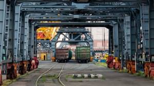 Economy and transport. Freight terminal - railway wagons rail transport in seaport. Railway freight cars.
