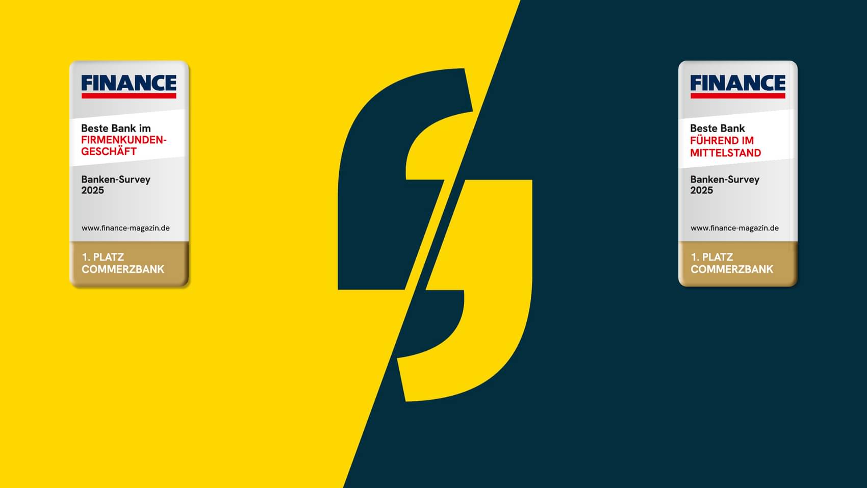 Split screen in yellow and petrol. Quotes can be seen in the middle.